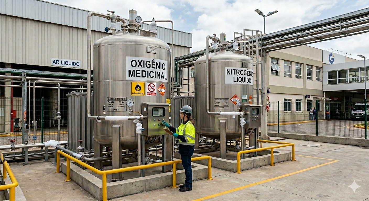 Tanque criogênico em planta industrial moderna
